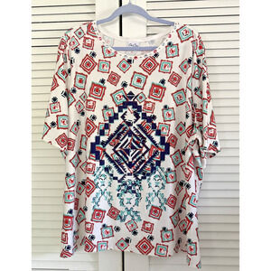 Womens 3X Beaded Neck Short Sleeve Geometric Print Colorful Top Artsy Comfort